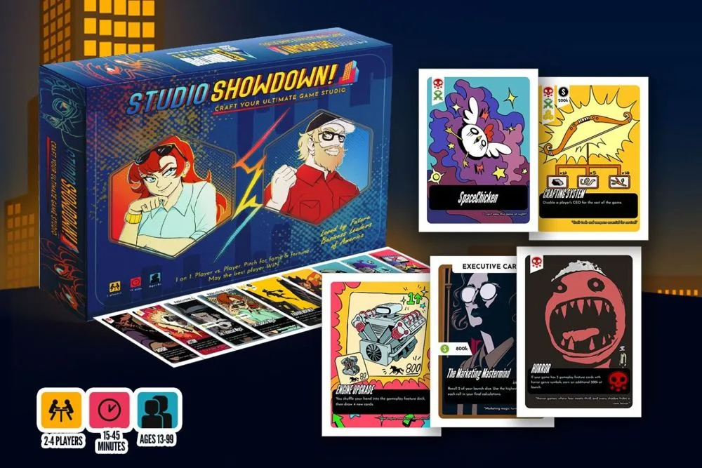 The Studio Showdown box with CEO, feature, and market cards laid out in front of it